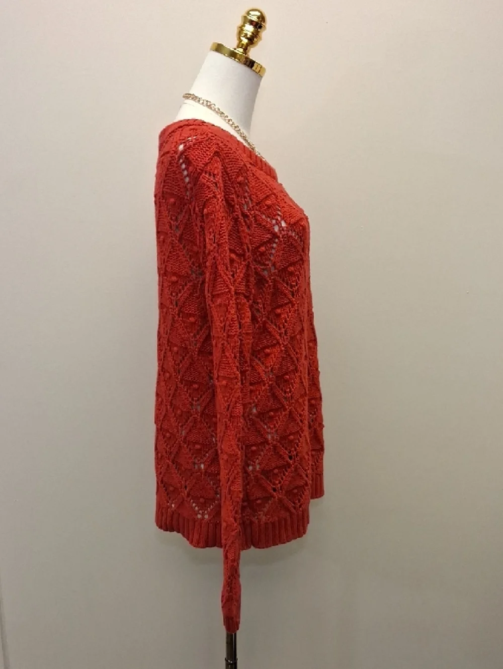 Women's Open Knit Crewneck Sweater - Red